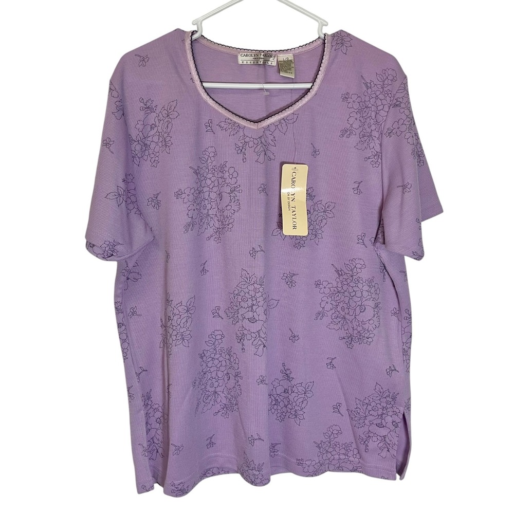 NEW Carolyn Taylor L/G Purple Short Sleeve Top Floral Ribbed V-Neck Cottagecore